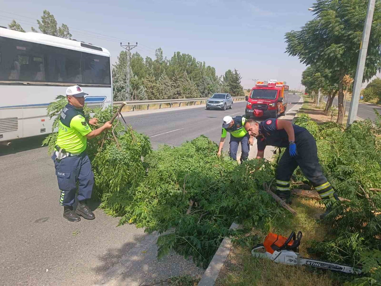 BATMAN-SİLVAN KARAYOLUNDA KUVVETLİ RÜZGÂRIN ETKİSİYLE ORTA REFÜJDE BULUNAN AĞAÇ YOLA...
