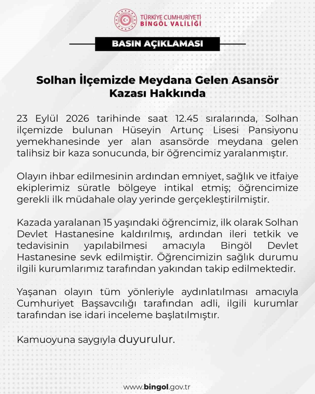 BİNGÖL’ÜN SOLHAN İLÇESİNDE OKUL MUTFAĞINDA KULLANILAN YÜK ASANSÖRÜNDE MEYDANA GELEN VE BİR...