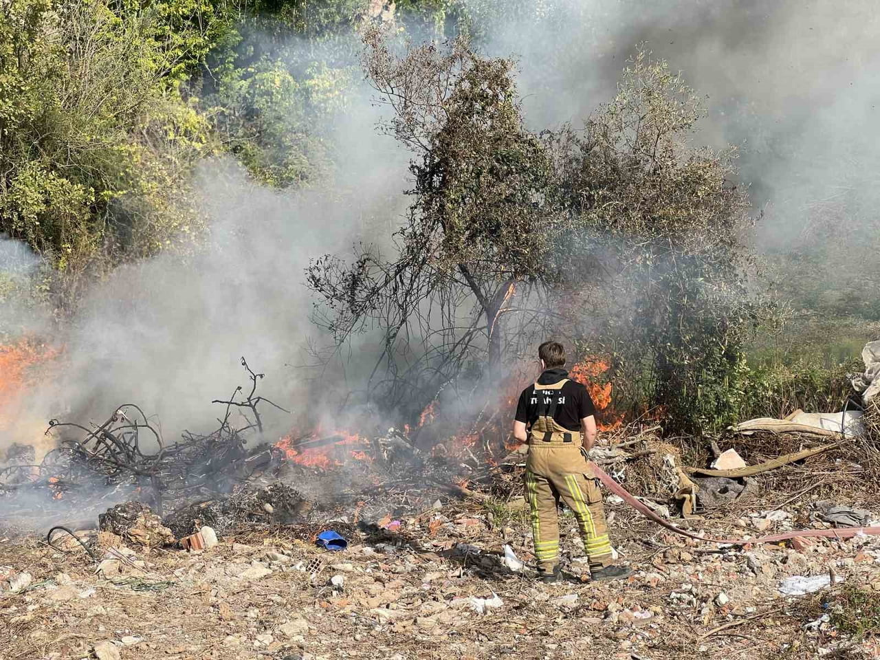 BURSA'NIN MUDANYA İLÇESİ ORMANLIK ALANDA YAKILAN ATEŞİN ÇEVREDEKİ KURU OT VE AĞAÇLARI...
