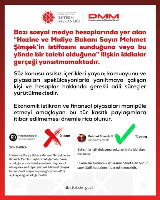 DEZENFORMASYONLA MÜCADELE MERKEZİ (DMM) TARAFINDAN, "HAZİNE VE MALİYE BAKANI MEHMET ŞİMŞEK’İN...