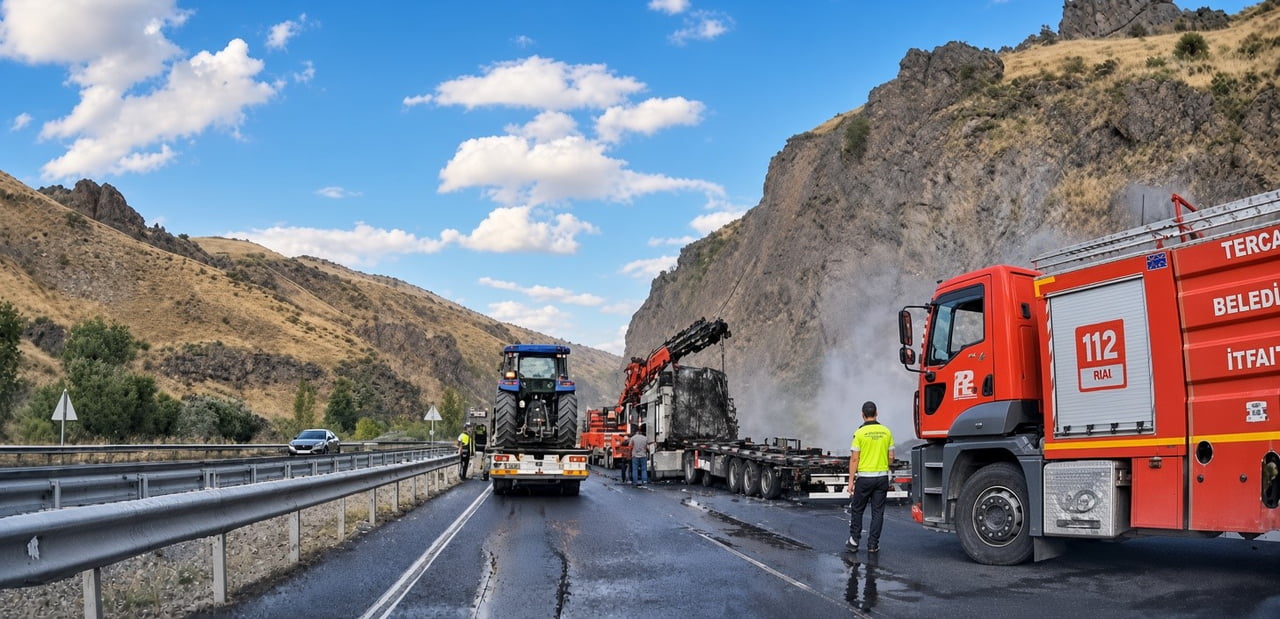 ERZİNCAN-ERZURUM KARA YOLUNDA HAYVAN YEMİ YÜKLÜ TIR YANDI