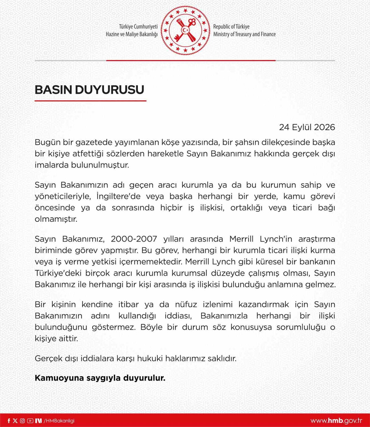 HAZİNE VE MALİYE BAKANLIĞI TARAFINDAN, MEHMET ŞİMŞEK'İN 2000-2007 YILLARI ARASINDA MERRİLL...