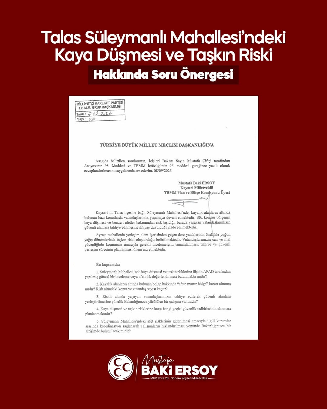 MHP KAYSERİ MİLLETVEKİLİ BAKİ ERSOY, TALAS İLÇESİNE BAĞLI SÜLEYMANLI MAHALLESİ’NDE KAYALIK...