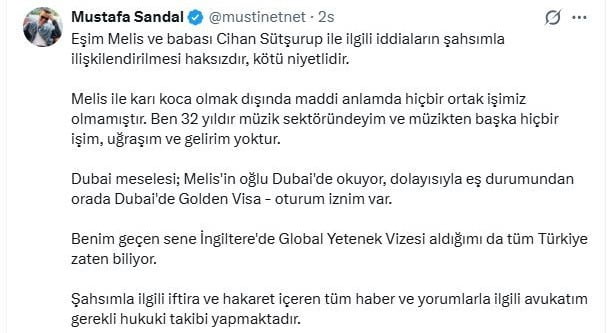 MUSTAFA SANDAL'IN AÇIKLAMASI