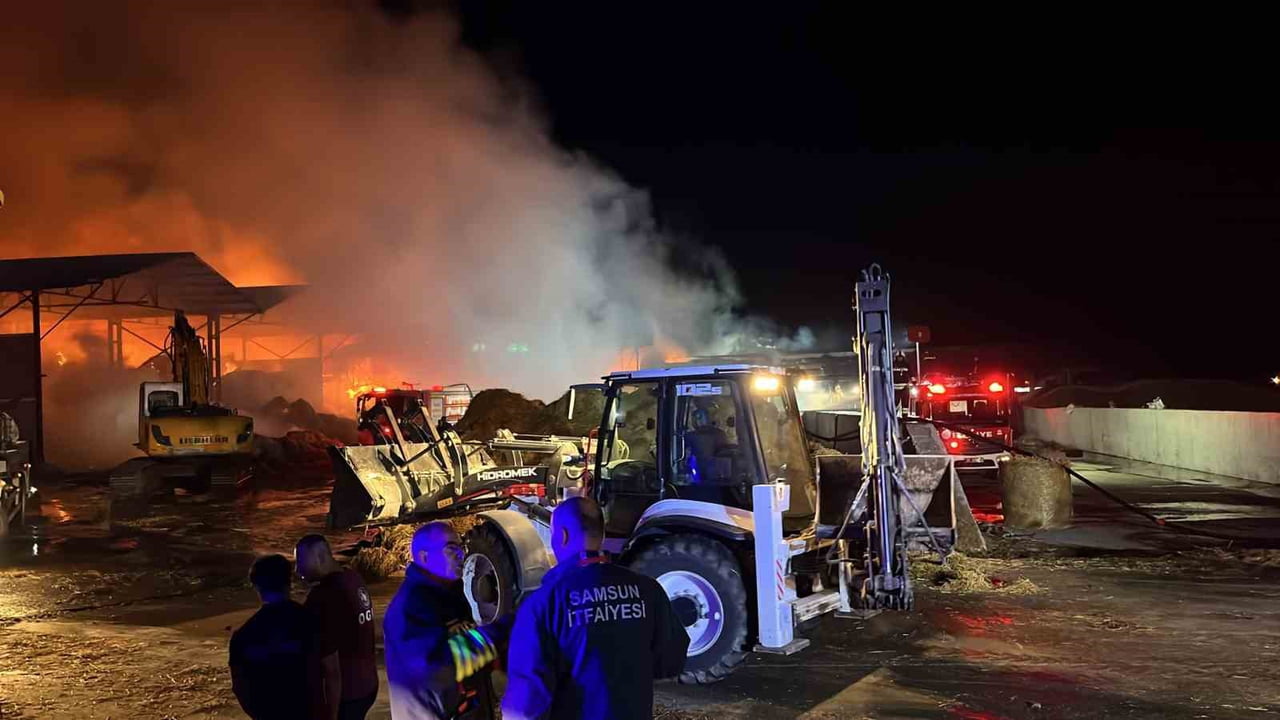 SAMSUN’DA BİR ÇİFTLİKTE BULUNAN SAMAN DEPOSUNDA ÇIKAN YANGIN PANİĞE NEDEN OLDU.
