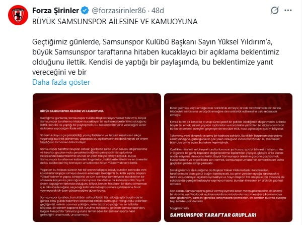 SAMSUNSPOR TARAFTAR GRUPLARI, ORTAKLAŞA YAYINLADIKLARI BASIN AÇIKLAMASINDA TARAFTARLARIN BU...