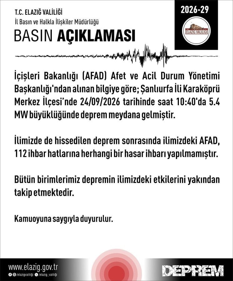 ŞANLIURFA'DA MEYDANA GELEN 5,4 BÜYÜKLÜĞÜNDEKİ DEPREM ELAZIĞ’DA DA HİSSEDİLİRKEN VALİLİK TARAFINDAN...