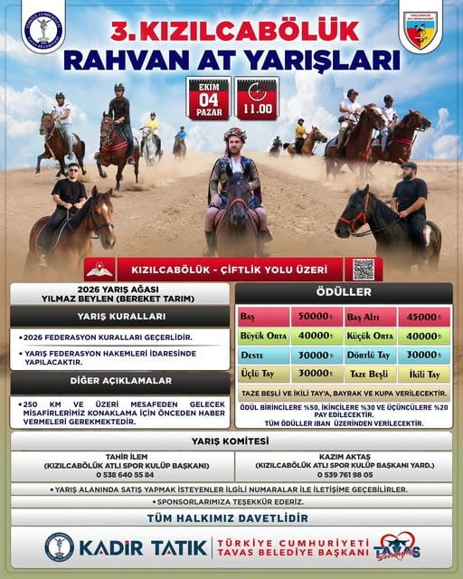 TAVAS BELEDİYESİ TARAFINDAN BU YIL 3’ÜNCÜSÜ DÜZENLENECEK KIZILCABÖLÜK RAHVAN AT YARIŞLARI, 4 EKİM...