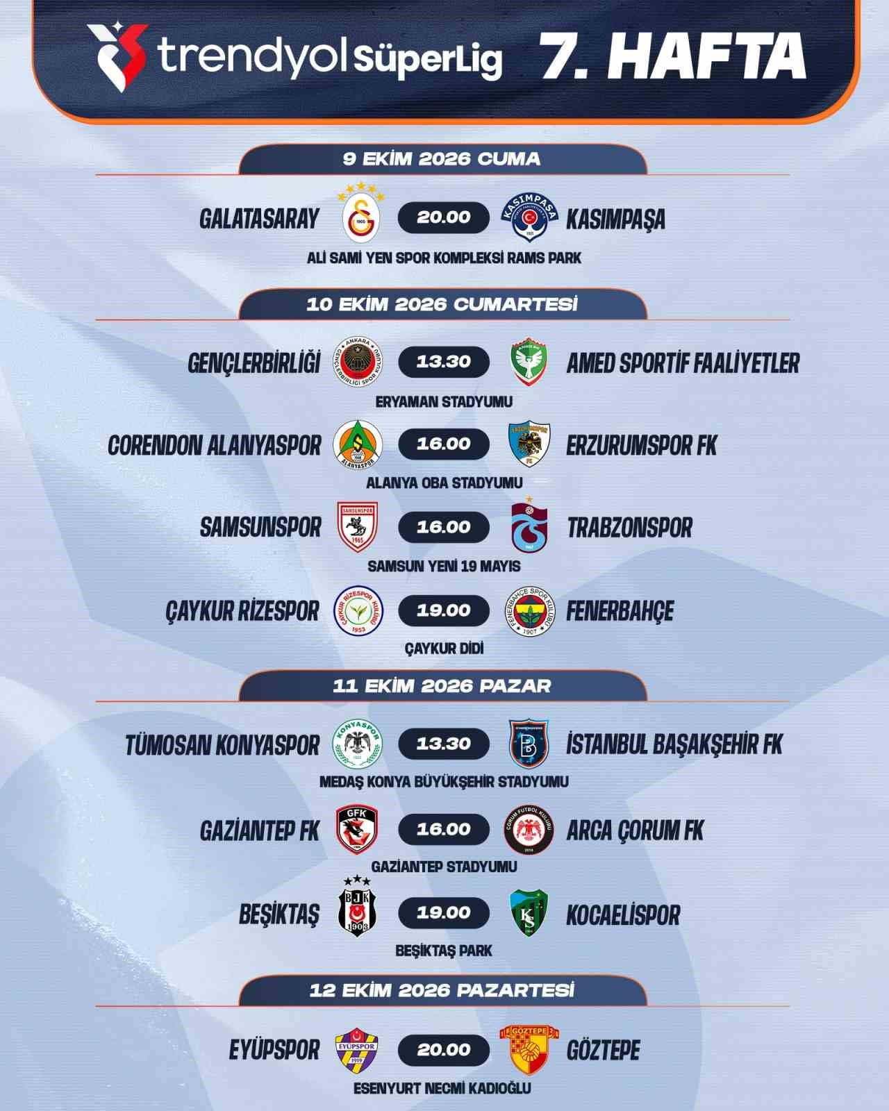 TRENDYOL SÜPER LİG'DE 7 İLE 16. HAFTA ARASI OYNANACAK MÜSABAKALARIN PROGRAMI DUYURULDU.