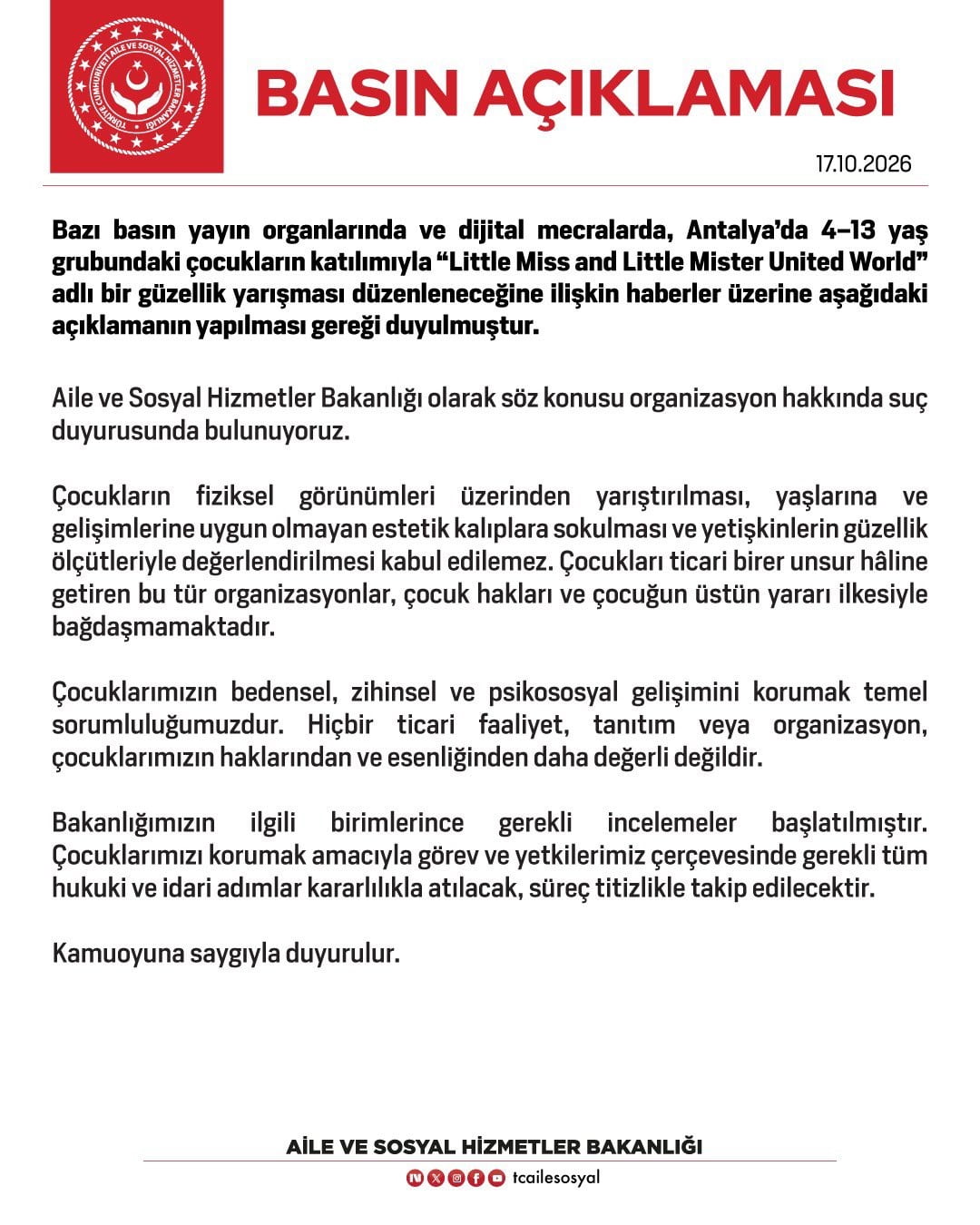 ANTALYA’DA 4-13 YAŞ GRUBUNDAKİ ÇOCUKLARIN KATILIMIYLA ‘LİTTLE MİSS AND LİTTLE MİSTER UNİTED WORLD’...