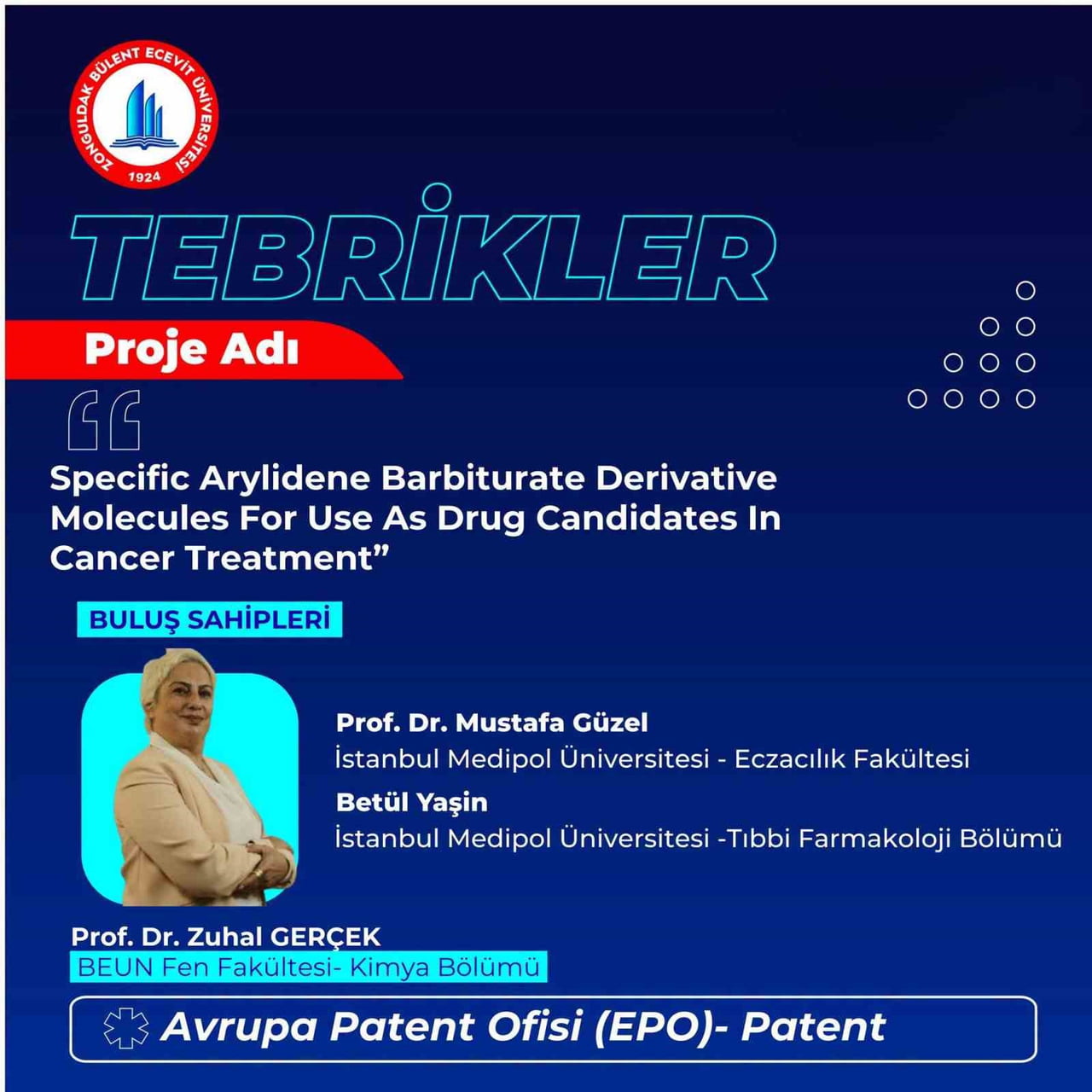BEUN ÖĞRETİM ÜYESİNİN AVRUPA PATENT BAŞVURUSU KABUL EDİLDİ