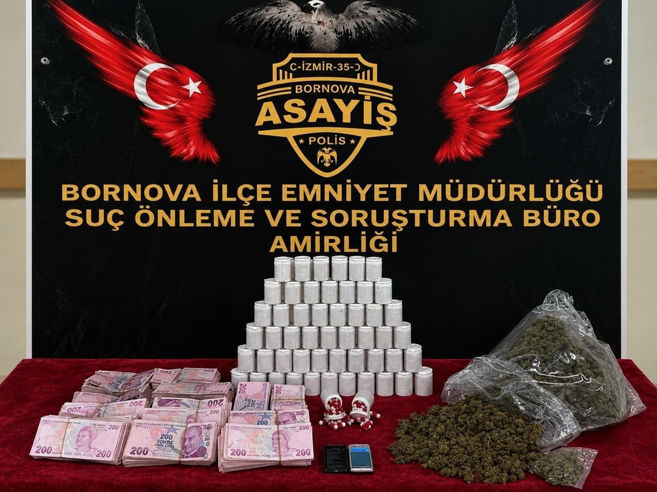 BORNOVA İLÇESİNDE POLİSİN BİR İKAMETTE YAPTIĞI ARAMADA BİNLERCE UYUŞTURUCU HAP İLE ESRAR ELE...