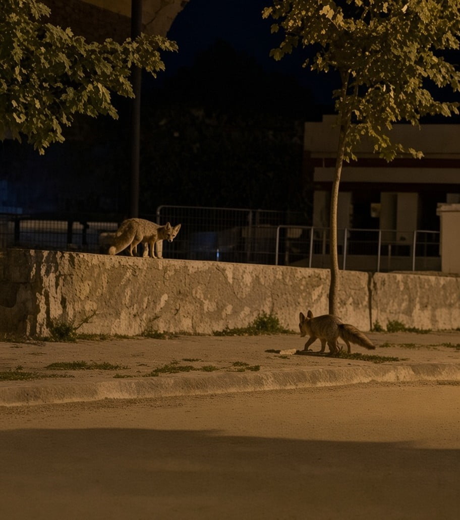 ERZİNCAN'DA GECE SAATLERİNDE İKİ TİLKİ, MERKEZ 13 ŞUBAT ŞEHİR STADYUMU ÇEVRESİNDE YİYECEK ARARKEN...