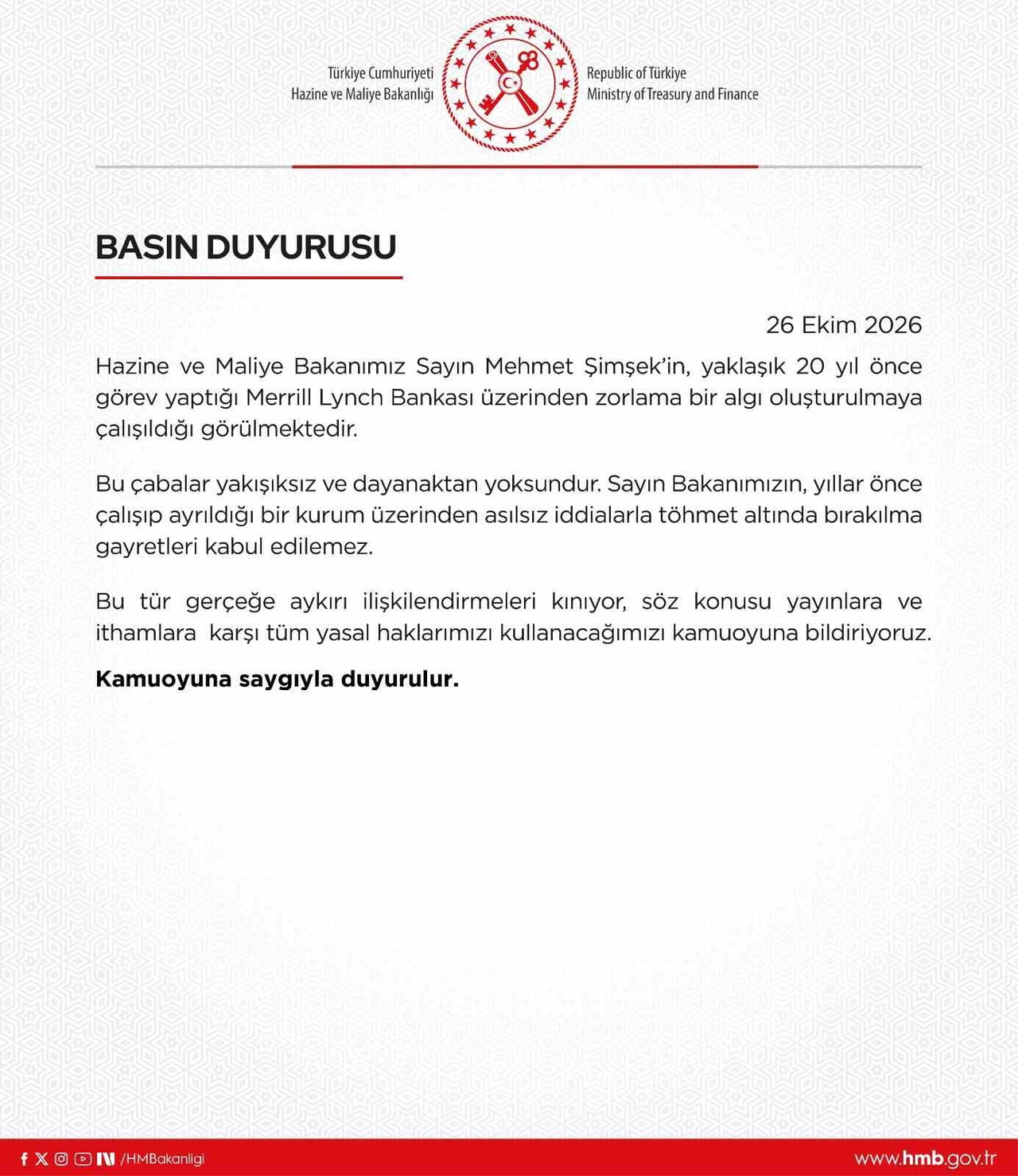 HAZİNE VE MALİYE BAKANLIĞI’NCA, MEHMET ŞİMŞEK’İN, YAKLAŞIK 20 YIL ÖNCE GÖREV YAPTIĞI MERRİLL LYNCH...