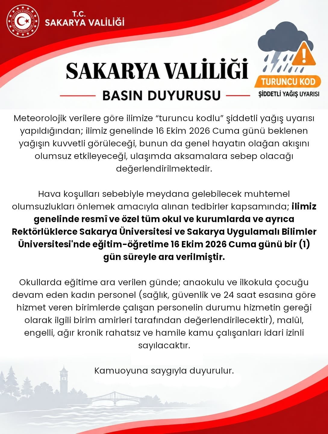 İL GENELİNDE EĞİTİMDE 16 EKİM CUMA GÜNÜ DE TATİL KARARI ALINDI