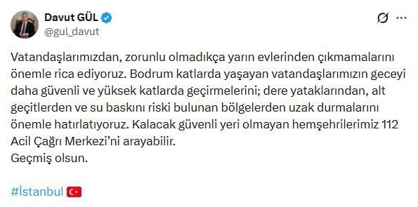 İSTANBUL VALİSİ DAVUT GÜL, İSTANBUL'DA ETKİLİ OLAN SAĞANAK YAĞIŞ NEDENİYLE VATANDAŞLARDAN, ZORUNLU...