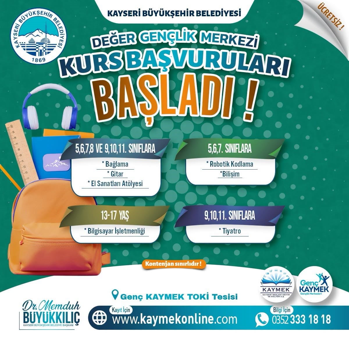 KAYSERİ BÜYÜKŞEHİR BELEDİYESİ KAYMEK BÜNYESİNDE FAALİYET GÖSTEREN DEĞER GENÇLİK MERKEZİ’NDE...