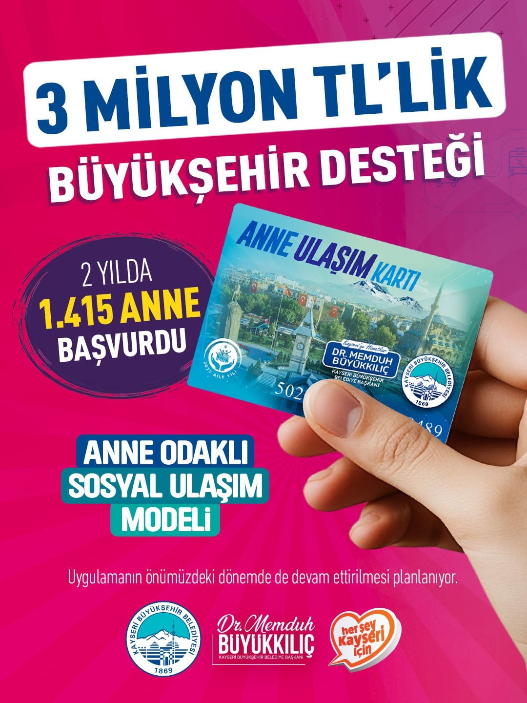 KAYSERİ BÜYÜKŞEHİR BELEDİYESİ’NİN AİLE YILI KAPSAMINDA HAYATA GEÇİRDİĞİ ‘ANNE ULAŞIM KARTI’...