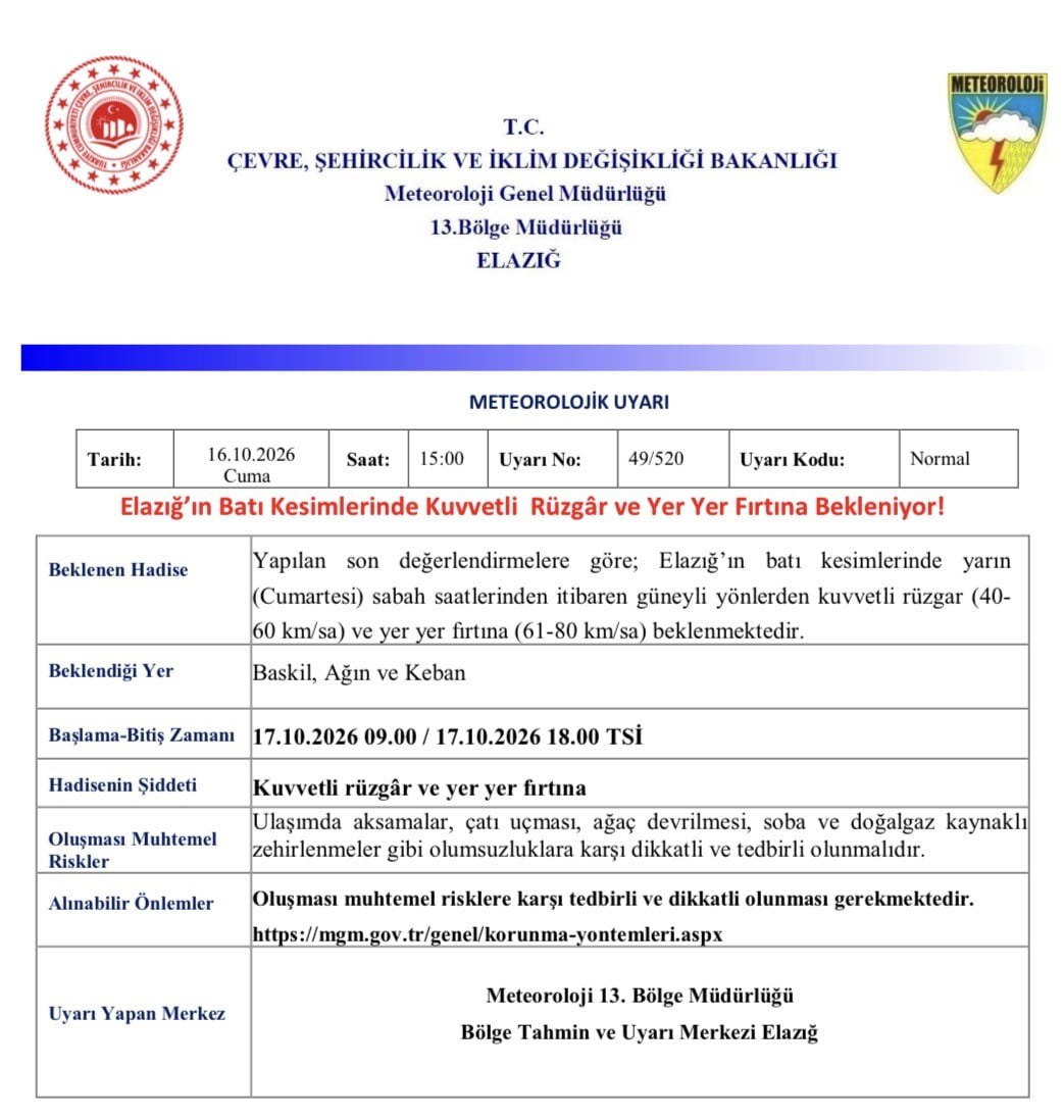 METEOROLOJİ 13. BÖLGE MÜDÜRLÜĞÜ, ELAZIĞ İÇİN KUVVETLİ RÜZGAR VE YER YER FIRTINA UYARISI...