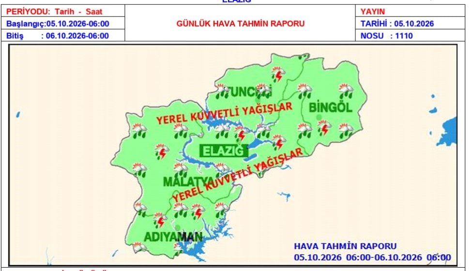 METEOROLOJİ 13. BÖLGE MÜDÜRLÜĞÜ ELAZIĞ İÇİN KUVVETLİ YAĞIŞ UYARISI YAPTI