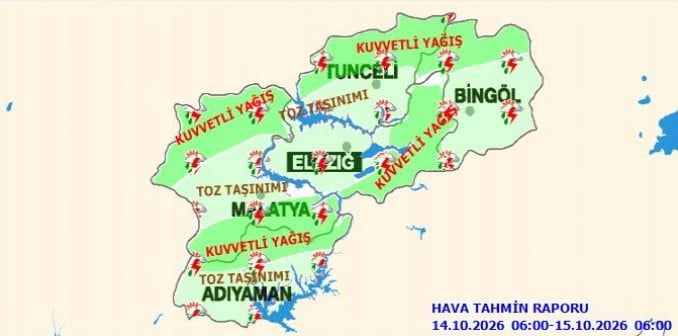 METEOROLOJİ 13. BÖLGE MÜDÜRLÜĞÜ ELAZIĞ İÇİN KUVVETLİ YAĞIŞ VE TOZ TAŞINIMI UYARISI...