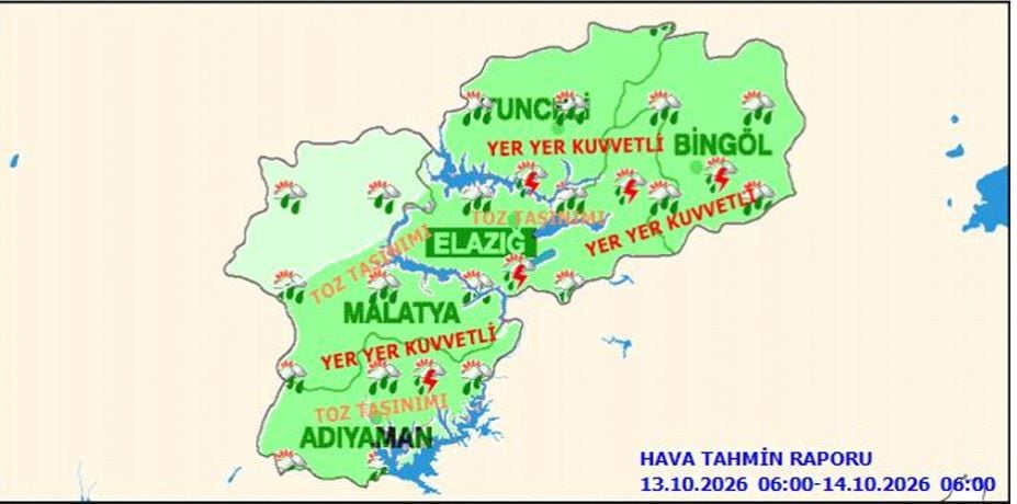 METEOROLOJİ 13. BÖLGE MÜDÜRLÜĞÜ, ELAZIĞ İÇİN KUVVETLİ YAĞIŞ VE TOZ TAŞINIMI UYARISI...