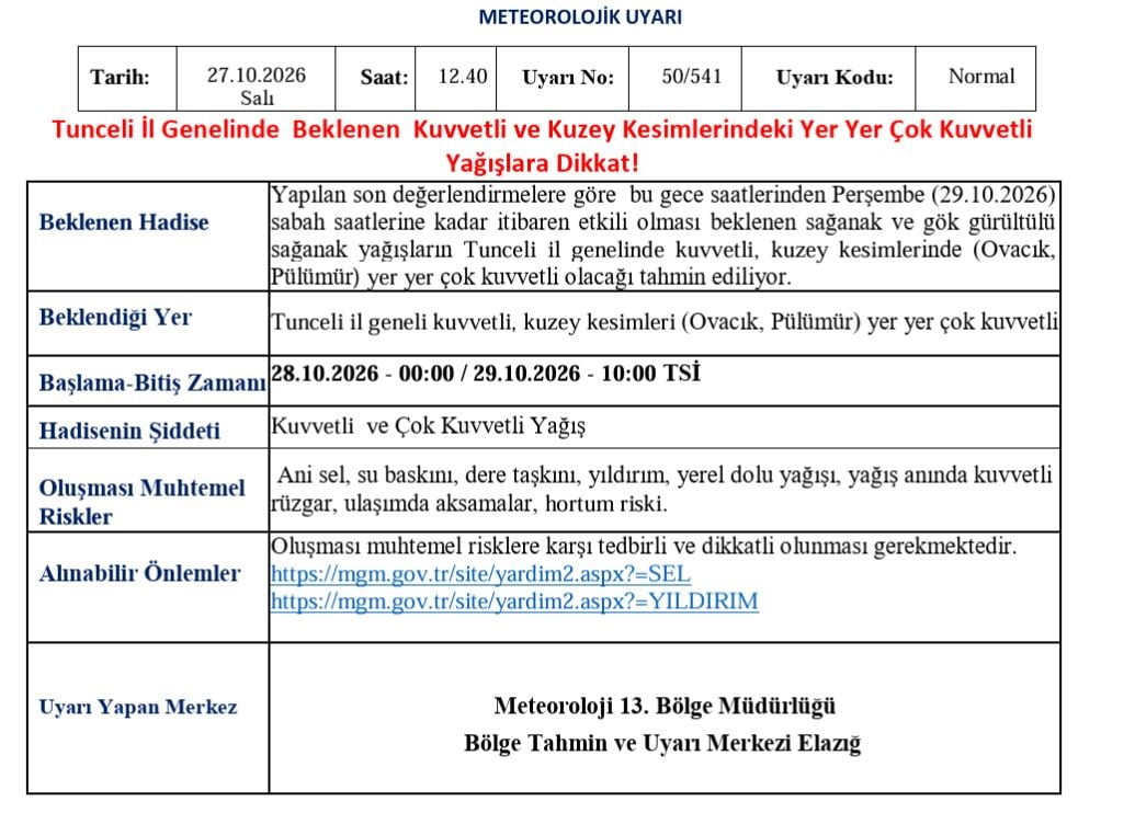 METEOROLOJİ 13. BÖLGE MÜDÜRLÜĞÜ,  TUNCELİ  İÇİN KUVVETLİ YAĞIŞ UYARISI  YAPTI