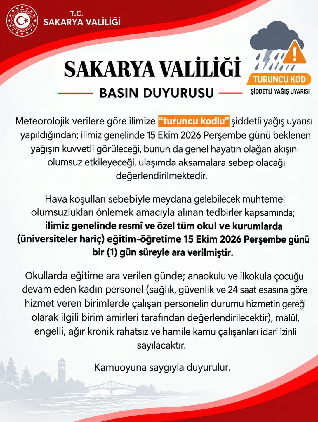 METEOROLOJİ GENEL MÜDÜRLÜĞÜNÜN SAKARYA İÇİN YAPTIĞI TURUNCU KODLU ŞİDDETLİ YAĞIŞ UYARISININ...