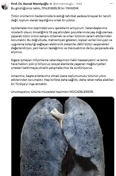 SAĞLIK BAKANI KEMAL MEMİŞOĞLU, SOSYAL MEDYA HESABI ÜZERİNDEN BİR İNSANA AİT SAĞLIKSIZ BİR AKCİĞER...
