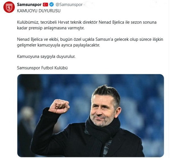 SAMSUNSPOR, HIRVAT TEKNİK DİREKTÖR NENAD BJELİCA İLE SEZON SONUNA KADAR PRENSİP ANLAŞMASINA...