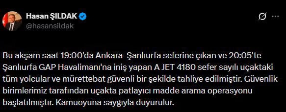 ŞANLIURFA VALİSİ HASAN ŞILDAK, BOMBA İHBARI YAPILAN UÇAKTA BULUNAN YOLCULAR VE MÜRETTEBATIN...