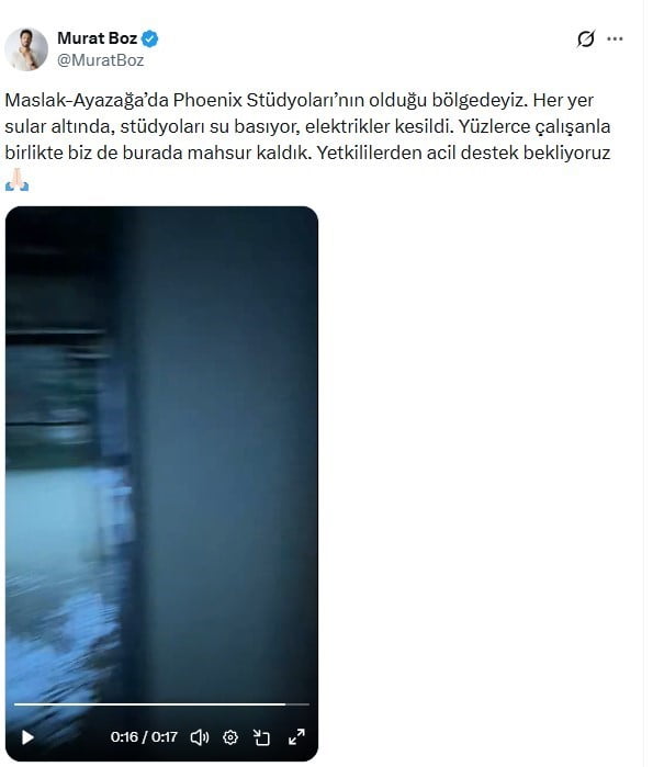 ŞARKICI MURAT BOZ, MASLAK-AYAZAĞA’DAKİ PROGRAM YAPTIĞI STÜDYONUN BULUNDUĞU BÖLGEDE SU BASKINI...