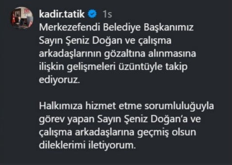 TAVAS BELEDİYE BAŞKANI KADİR TATIK'IN  YAPMIŞ OLDUĞU SOSYAL MEDYA PAYLAŞIMI