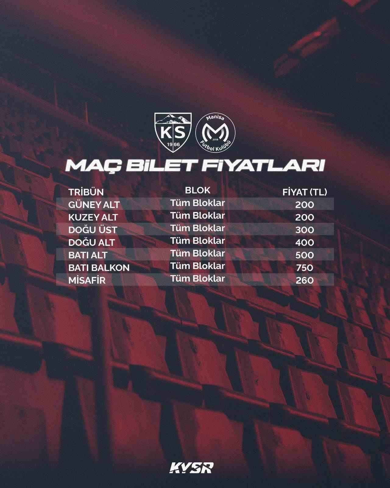 TFF 1. LİG'DE KAYSERİSPOR İLE MANİSA FK ARASINDA OYNANACAK MÜSABAKANIN BİLET FİYATLARI BELLİ...