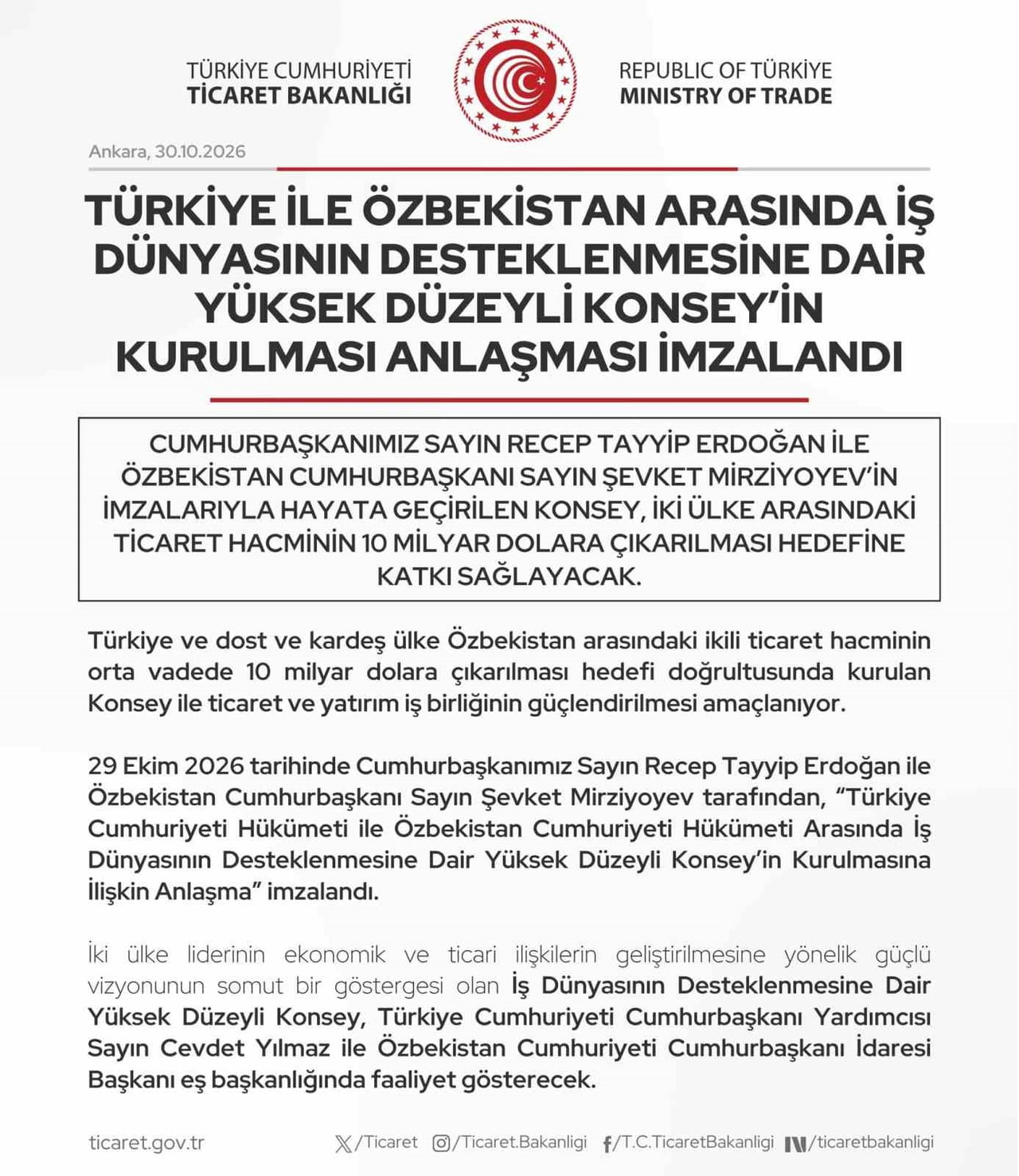 TİCARET BAKANLIĞI, CUMHURBAŞKANI RECEP TAYYİP ERDOĞAN İLE ÖZBEKİSTAN CUMHURBAŞKANI ŞEVKET...